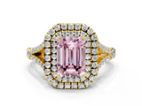 Yellow gold Double Halo Fancy Pink Emerald  Cut Diamond Split Shank Ring with Four Prong Setting_20