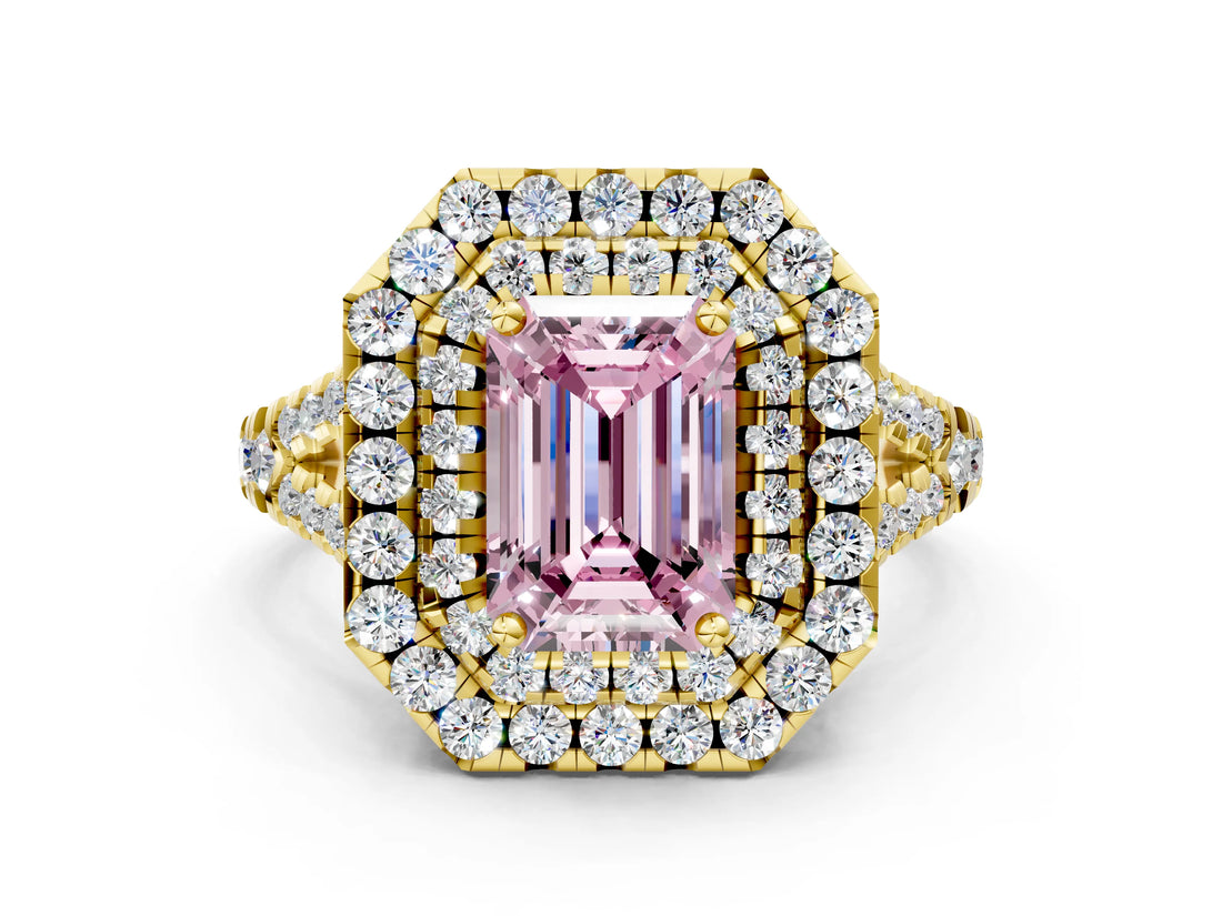 Yellow gold Double Halo Fancy Pink Emerald  Cut Pave Split Shank Prong Set Ring_15