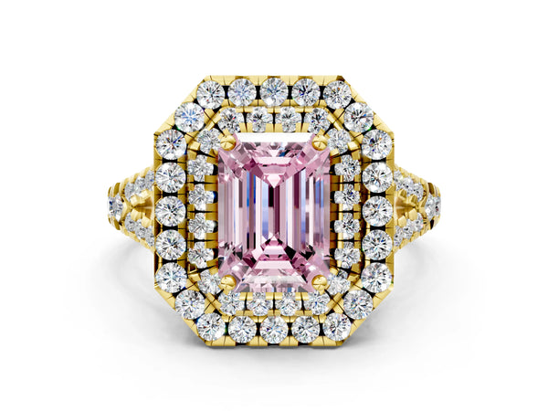 Yellow Gold Emerald Cut Halo Pave Split Shank Engagement Ring Setting for Fancy Pink Center