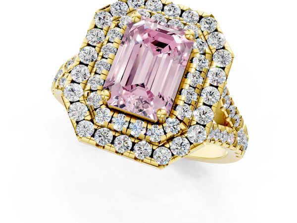 Yellow Gold Emerald Cut Halo Pave Split Shank Engagement Ring Setting for Fancy Pink Center