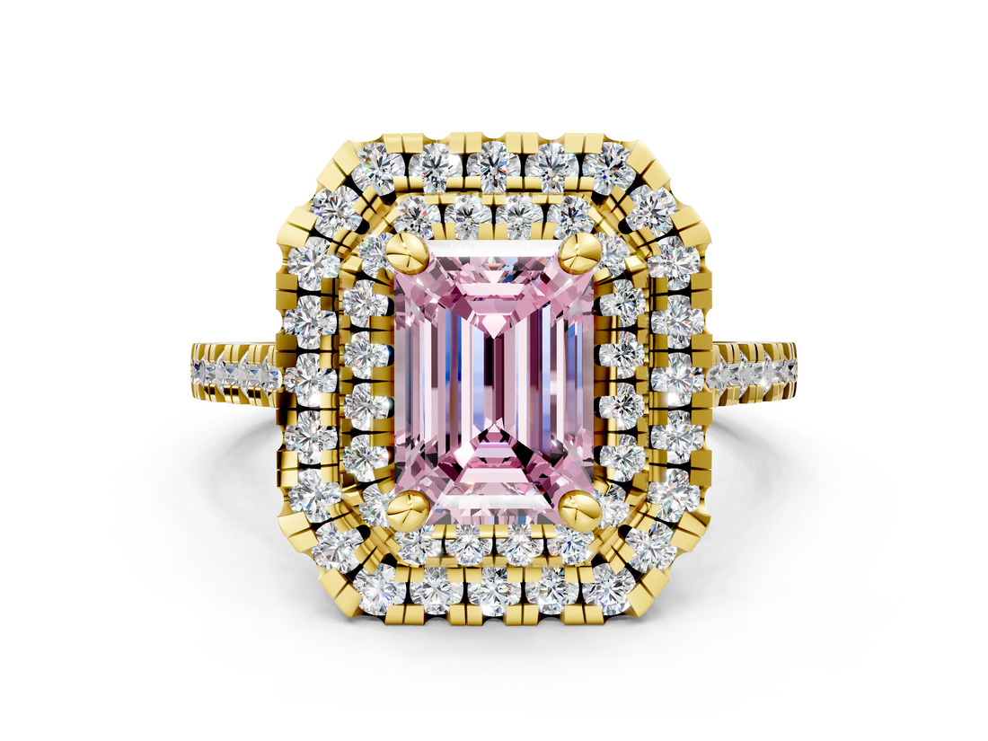 Yellow gold Double Halo Fancy Pink Emerald  Diamond Pave Band with Four-Prong Setting_49