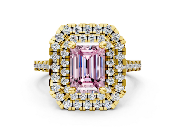 Yellow gold Double Halo Fancy Pink Emerald Cut Diamond Pavé Band with Four-Prong Setting