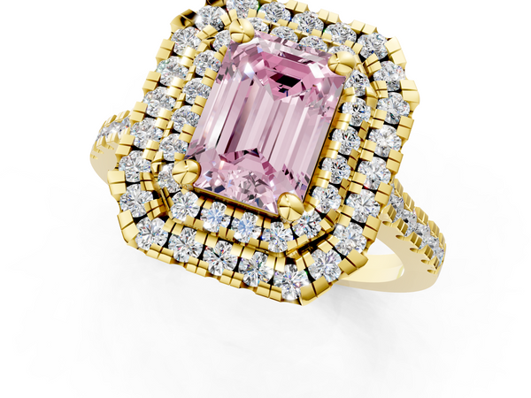 Yellow gold Double Halo Fancy Pink Emerald Cut Diamond Pavé Band with Four-Prong Setting