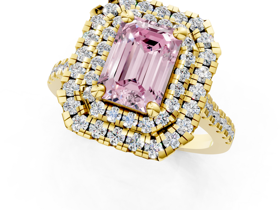 Yellow gold Double Halo Fancy Pink Emerald Cut Diamond Pavé Band with Four-Prong Setting