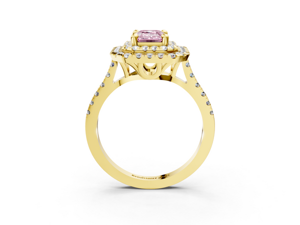 Yellow gold Double Halo Fancy Pink Emerald Cut Diamond Pavé Band with Four-Prong Setting