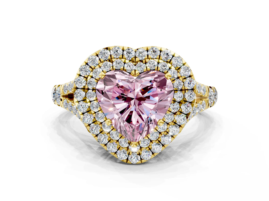 Yellow gold Double Halo Fancy Pink Heart -Shaped Split Shank Diamond Ring with Prong Setting_15