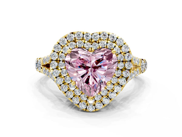 Yellow gold Fancy Pink Heart Cut Diamond Double Halo Ring with Split Shank and Prong Setting