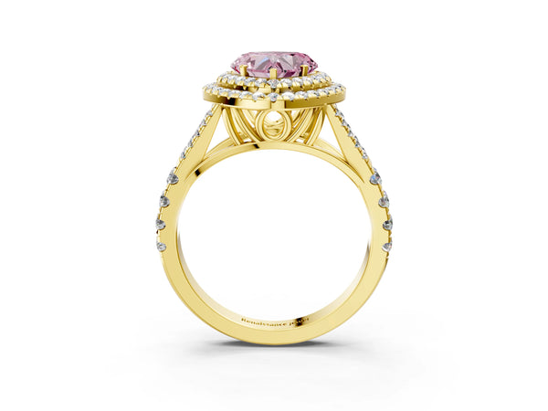 Yellow gold Fancy Pink Heart Cut Diamond Double Halo Ring with Split Shank and Prong Setting