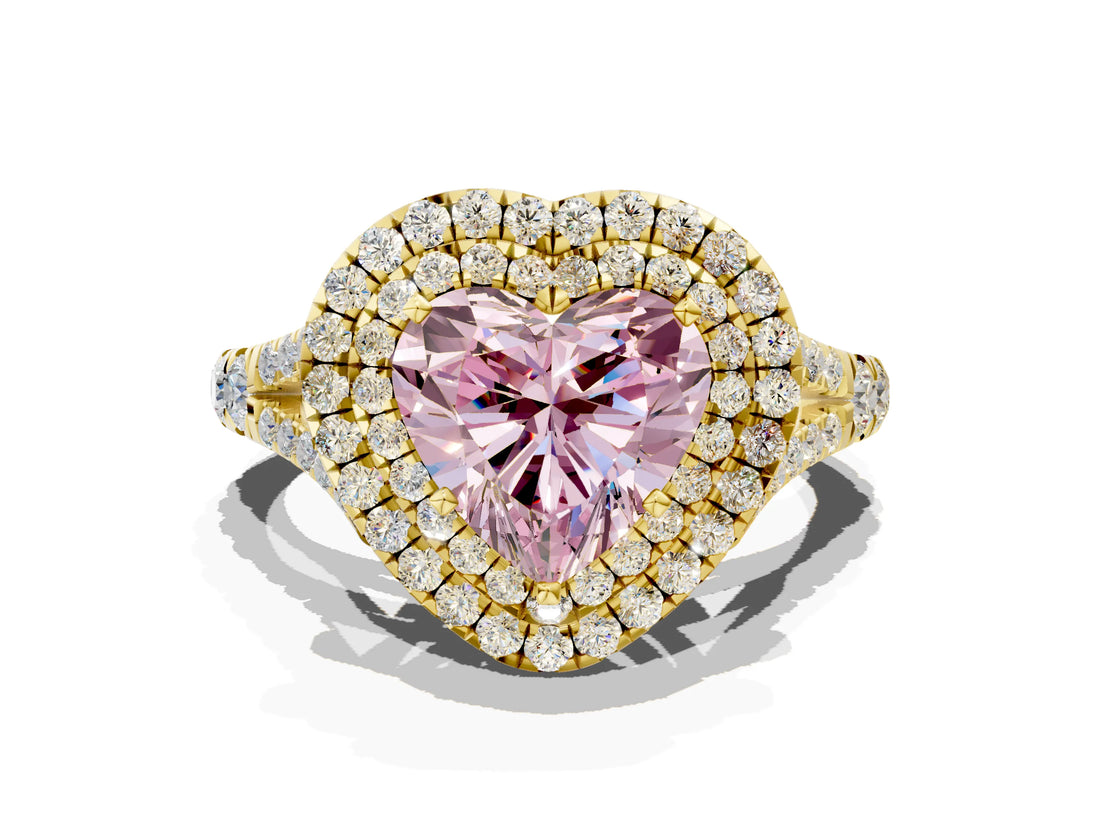 Yellow gold Double Halo Fancy Pink Heart Cut Diamond Split Shank Engagement Ring with Four-Prong Setting_3