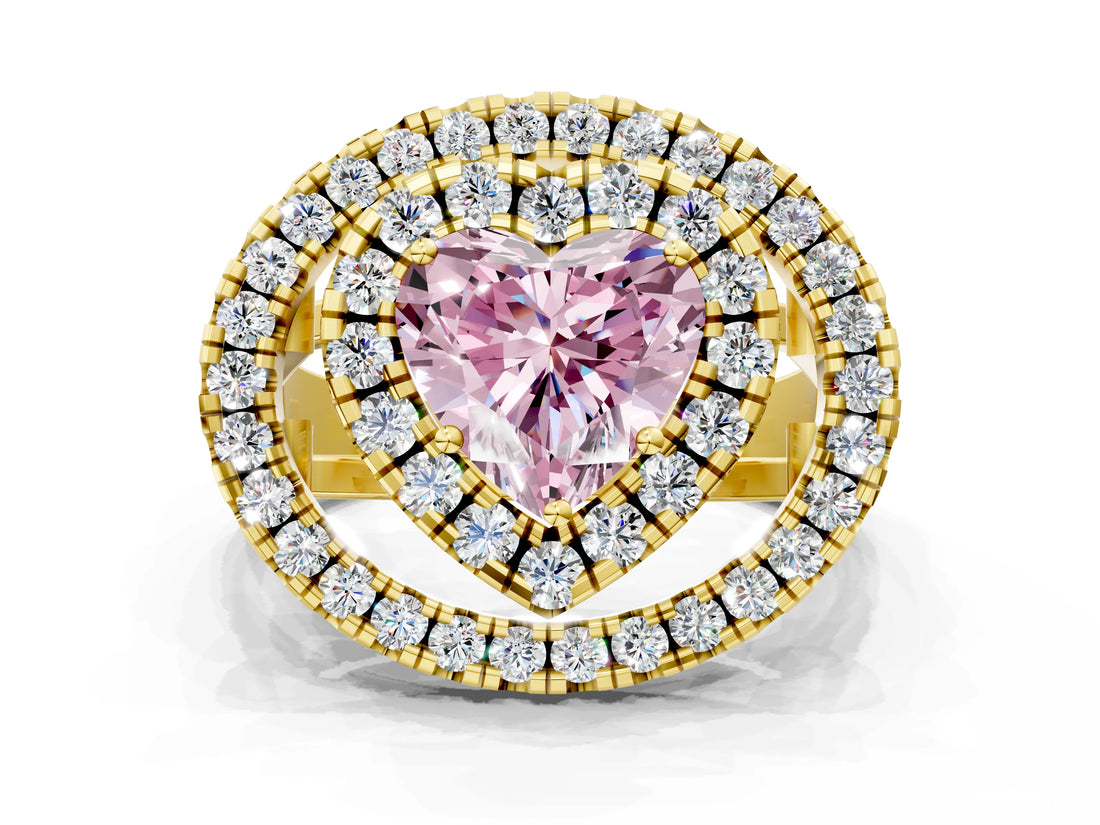 Yellow gold Double Halo Fancy Pink Heart Cut Diamond Split Shank Prong Setting Ring