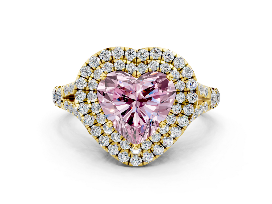 Yellow gold Double Halo Fancy Pink Heart  Cut Diamond Split Shank Ring with Four Prong Setting_19
