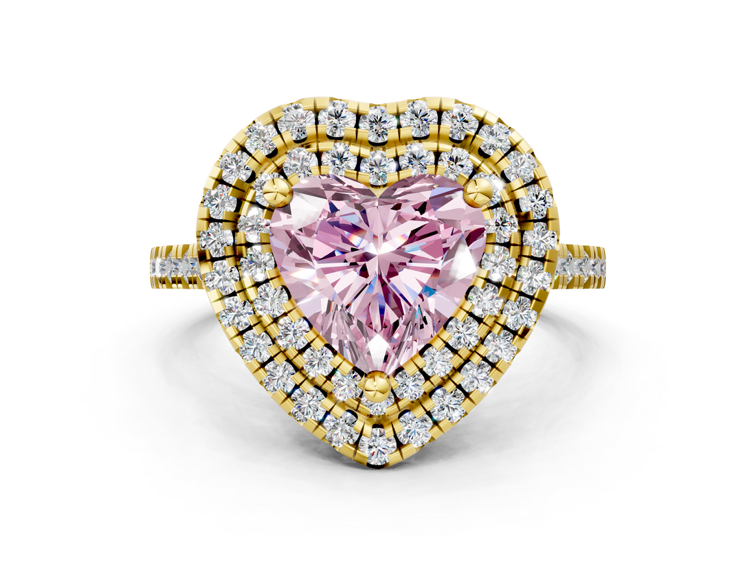 Yellow gold Double Halo Fancy Pink Heart  Diamond Pave Band with Four-Prong Setting_43