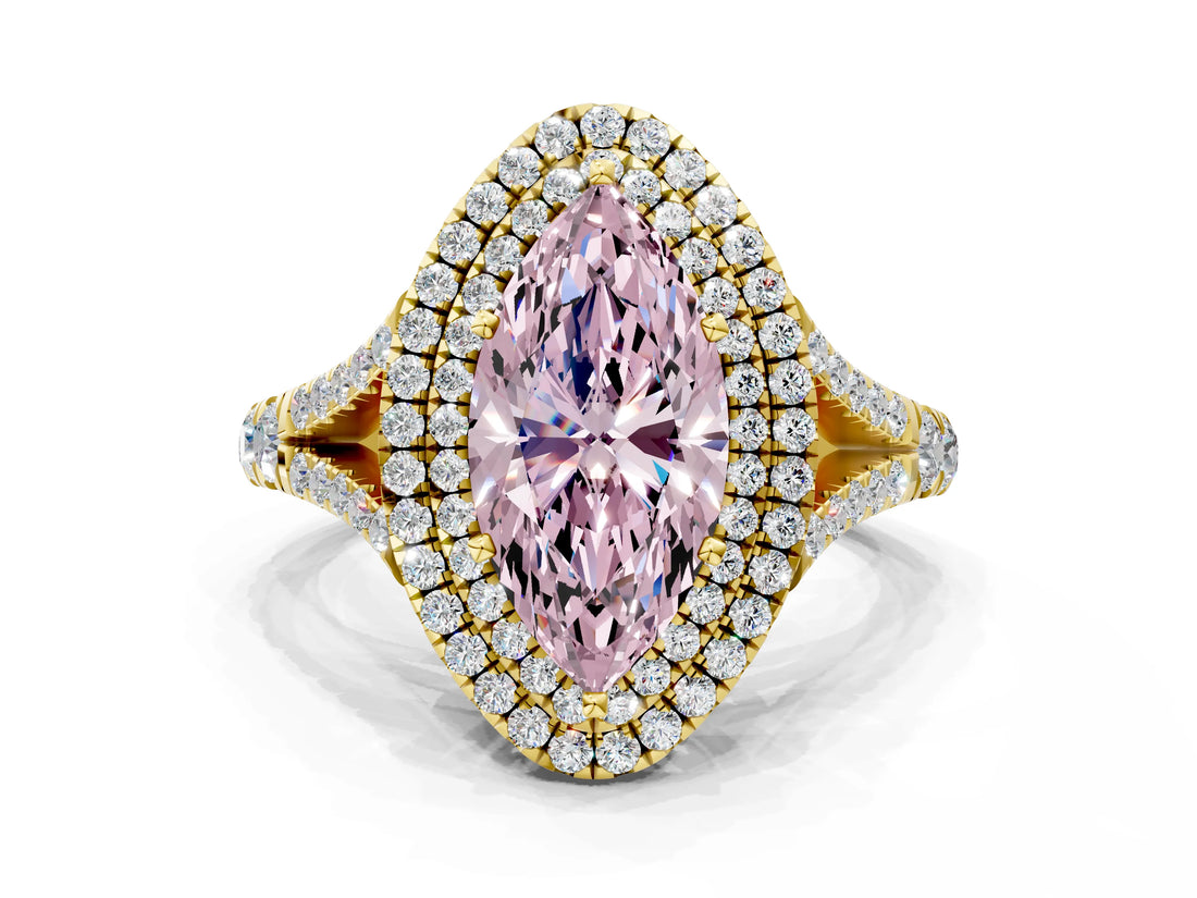 Yellow gold Double Halo Fancy Pink Marquise Cut Diamond Split Shank Engagement Ring with Four-Prong Setting_3