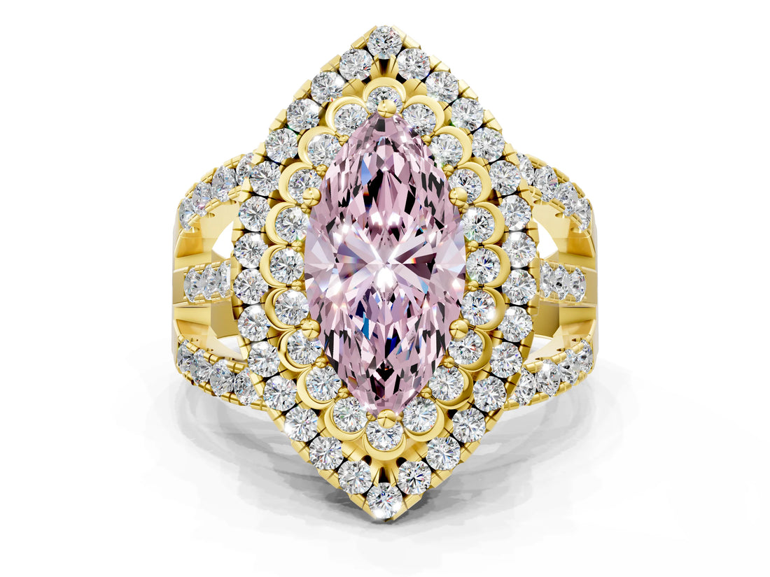 Yellow gold Double Halo Fancy Pink Marquise Cut Diamond Split Shank Pave Set Ring_3