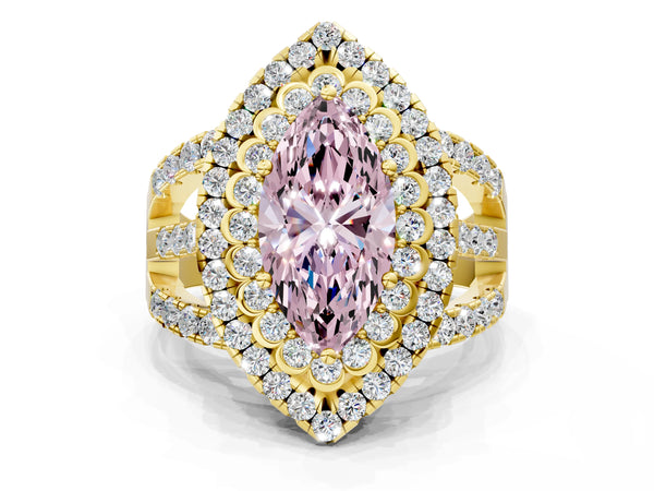 Yellow gold Double Halo Fancy Pink Marquise Cut Diamond Split Shank Pave Set Ring