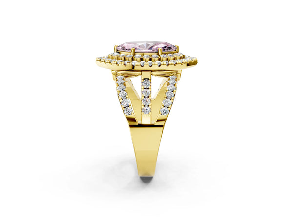 Yellow gold Double Halo Fancy Pink Marquise Cut Diamond Split Shank Pave Set Ring