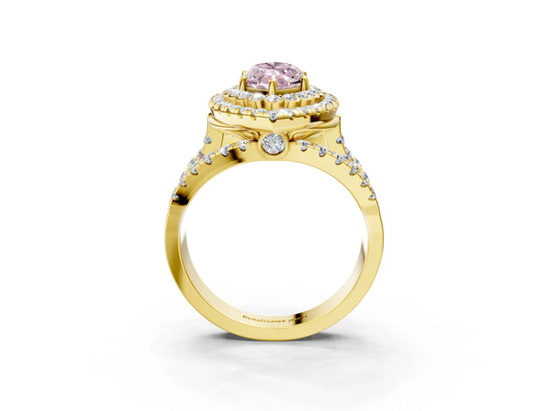 Yellow gold Double Halo Fancy Pink Marquise Cut Diamond Split Shank Pave Set Ring