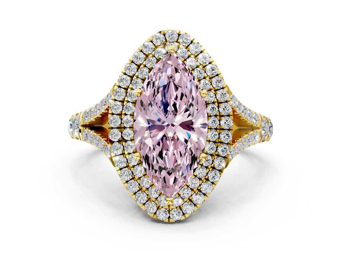 Yellow gold Double Halo Fancy Pink Marquise  Cut Diamond Split Shank Ring with Four Prong Setting_20