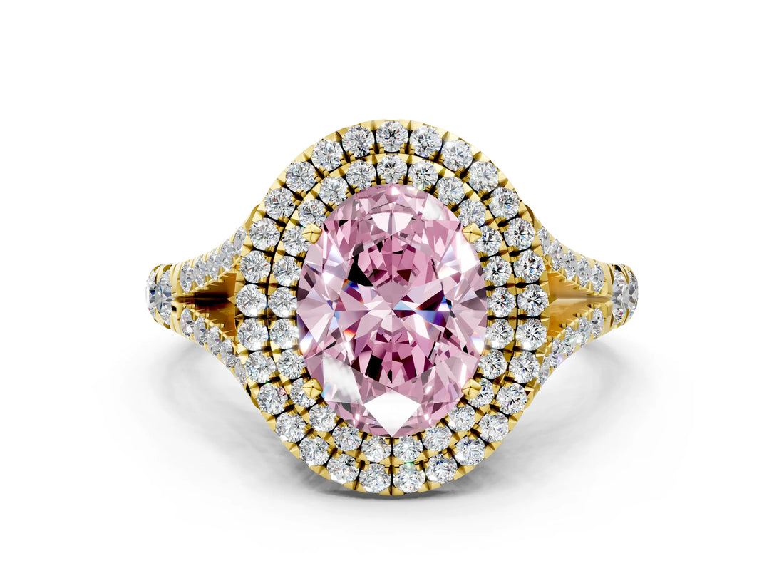 Yellow gold Double Halo Fancy Pink Oval Cut Diamond Split Shank Engagement Ring with Four-Prong Setting_3