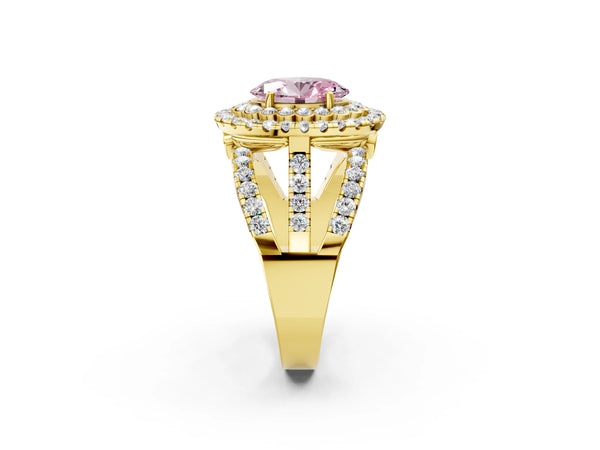 Yellow Gold Oval Scalloped Double Halo Engagement Ring Setting for Fancy Pink Center
