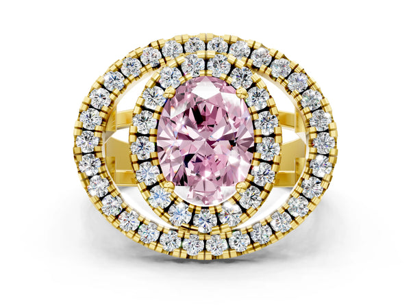 Yellow gold Double Halo Fancy Pink Oval Cut Diamond Split Shank Prong Setting Ring