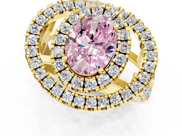 Yellow gold Double Halo Fancy Pink Oval Cut Diamond Split Shank Prong Setting Ring