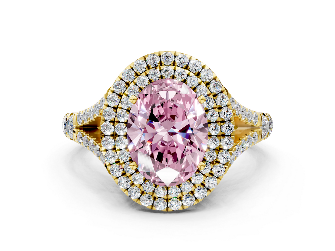 Yellow gold Double Halo Fancy Pink Oval  Cut Diamond Split Shank Ring with Four Prong Setting_20