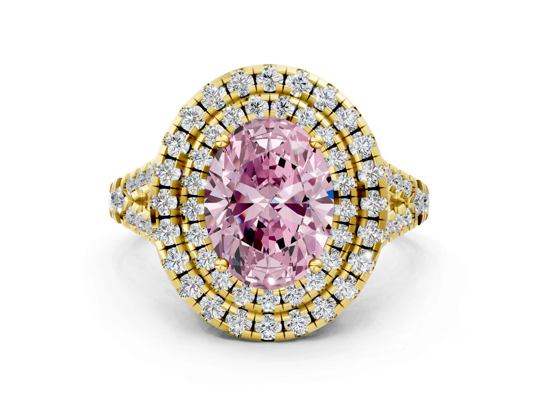Yellow gold Double Halo Fancy Pink Oval  Cut Pave Split Shank Prong Set Ring_15