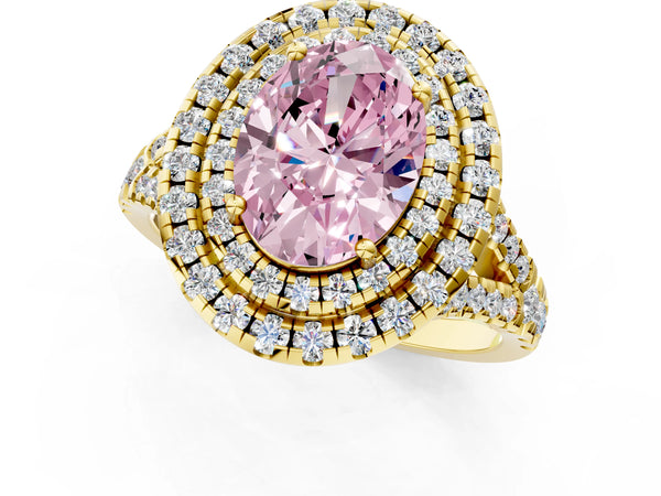 Yellow Gold Oval Halo Pave Split Shank Engagement Ring Setting for Fancy Pink Center
