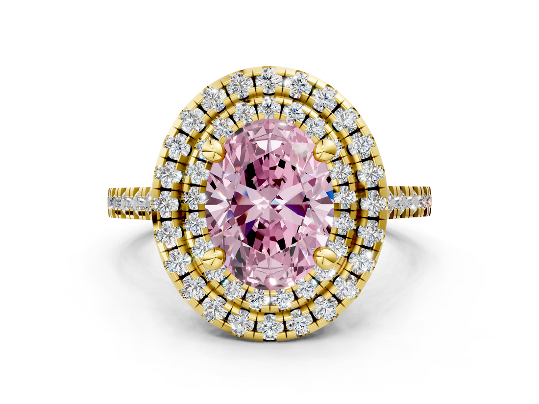 Yellow gold Double Halo Fancy Pink Oval  Diamond Pave Band with Four-Prong Setting_43