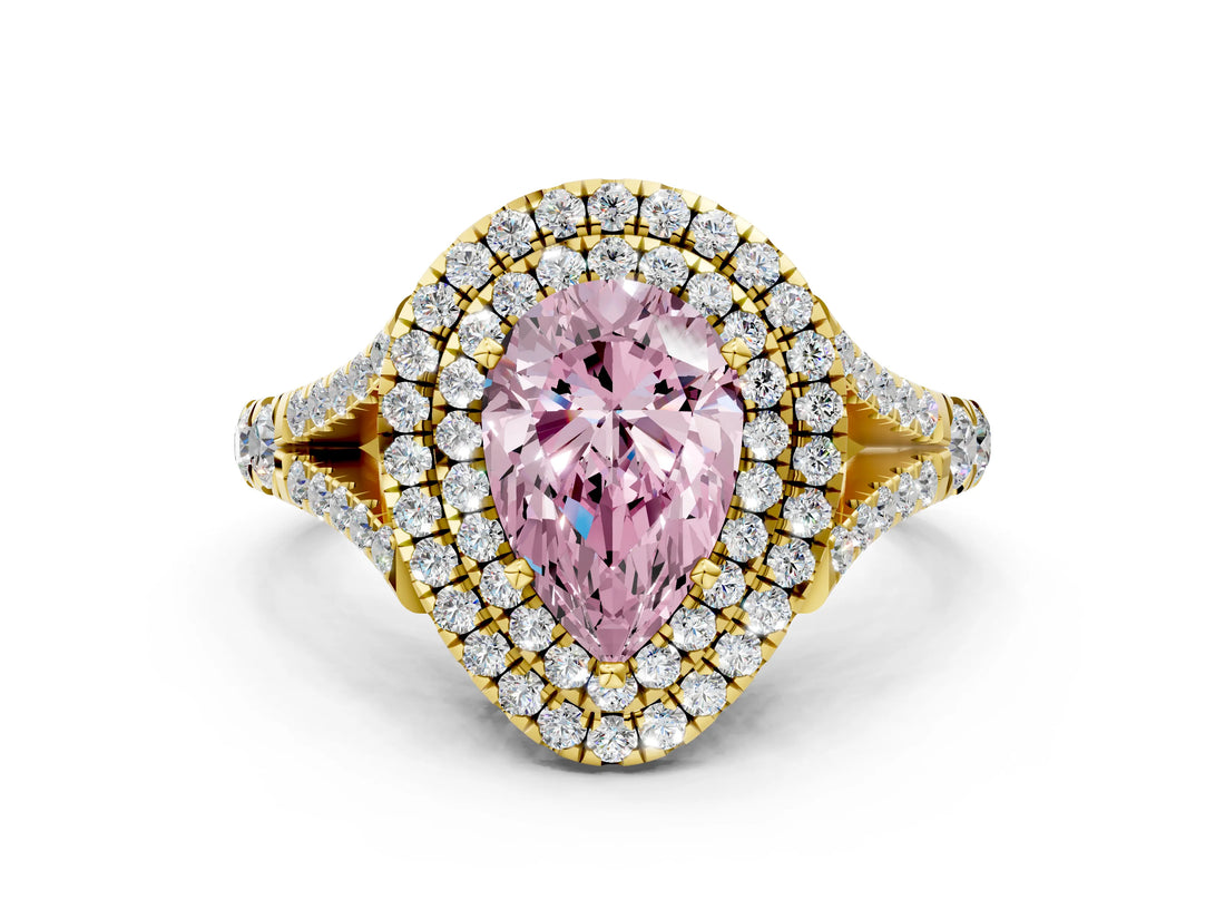 Yellow gold Double Halo Fancy Pink Pear -Shaped Split Shank Diamond Ring with Prong Setting_15