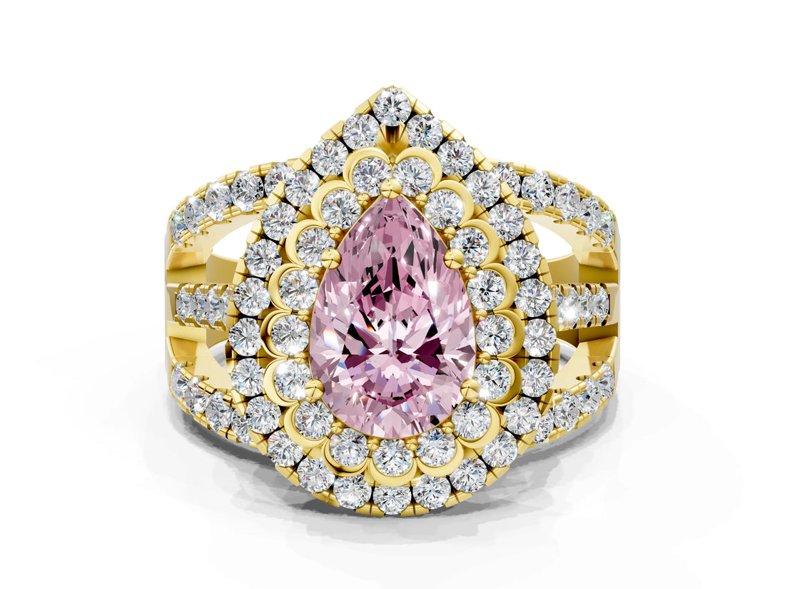 Yellow gold Double Halo Fancy Pink Pear Cut Diamond Split Shank Pave Set Ring_3