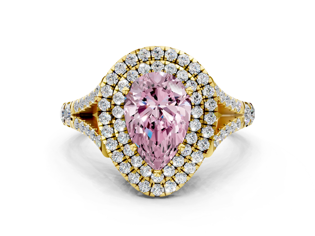 Yellow gold Double Halo Fancy Pink Pear  Cut Diamond Split Shank Ring with Four Prong Setting_20