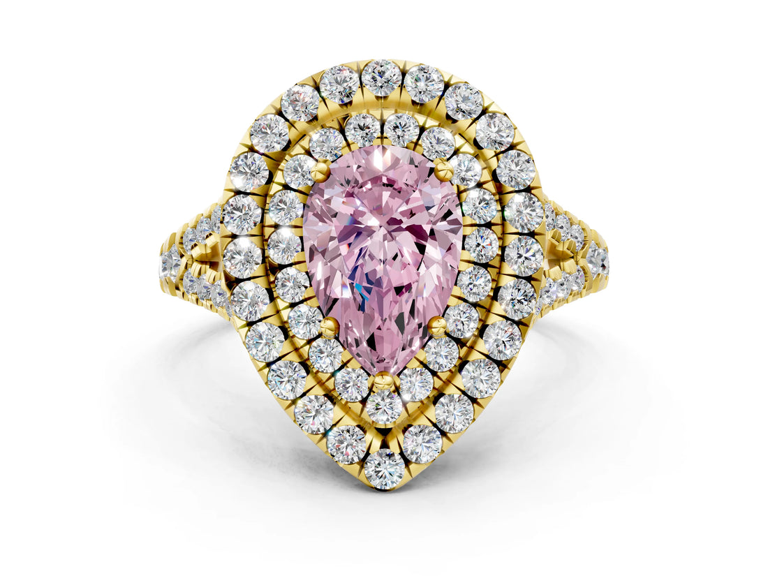 Yellow gold Double Halo Fancy Pink Pear  Cut Pave Split Shank Prong Set Ring_15