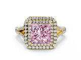 Yellow gold Double Halo Fancy Pink Princess Cut Diamond Split Shank Engagement Ring with Four-Prong Setting_3