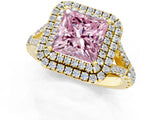 Yellow gold Double Halo Fancy Pink Princess Cut Diamond Split Shank Engagement Ring with Four-Prong Setting_4