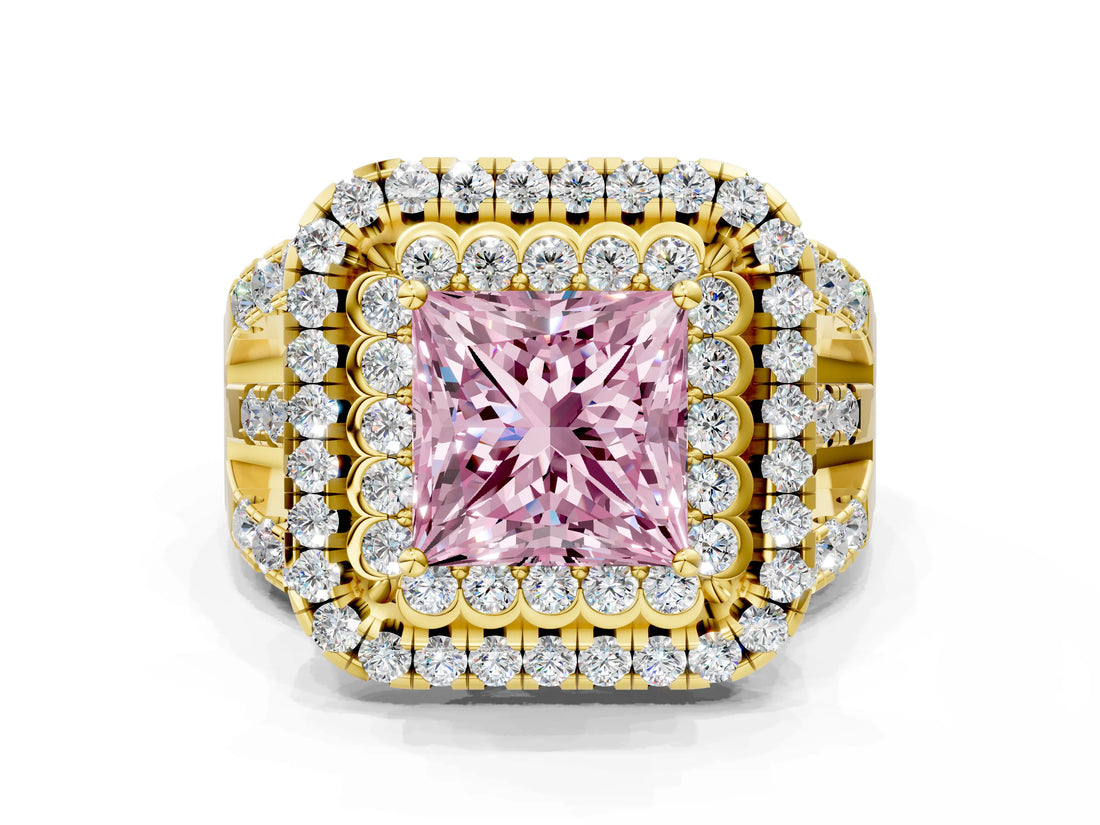 Yellow gold Double Halo Fancy Pink Princess Cut Diamond Split Shank Pave Set Ring_3
