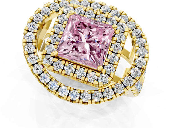 Yellow gold Double Halo Fancy Pink Princess Cut Diamond Split Shank Prong Setting Ring