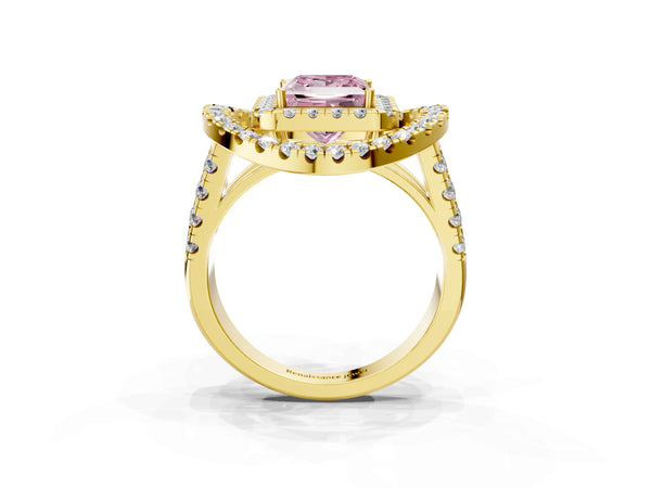 Yellow gold Double Halo Fancy Pink Princess Cut Diamond Split Shank Prong Setting Ring