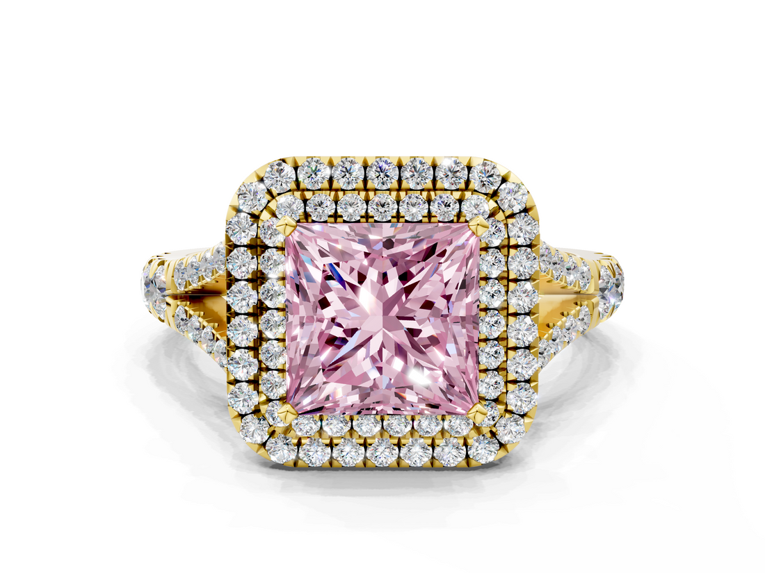 Yellow gold Double Halo Fancy Pink Princess  Cut Diamond Split Shank Ring with Four Prong Setting