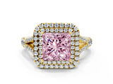 Yellow gold Double Halo Fancy Pink Princess  Cut Diamond Split Shank Ring with Four Prong Setting