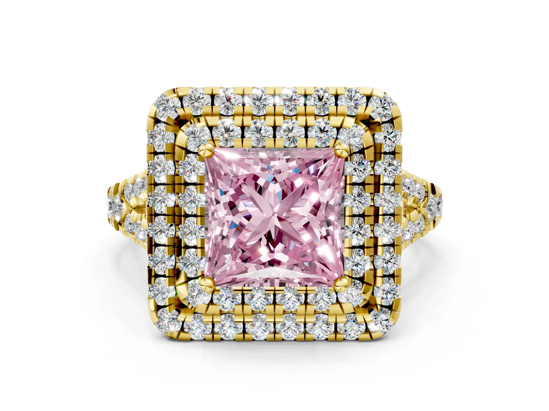 Yellow gold Double Halo Fancy Pink Princess  Cut Pave Split Shank Prong Set Ring_15