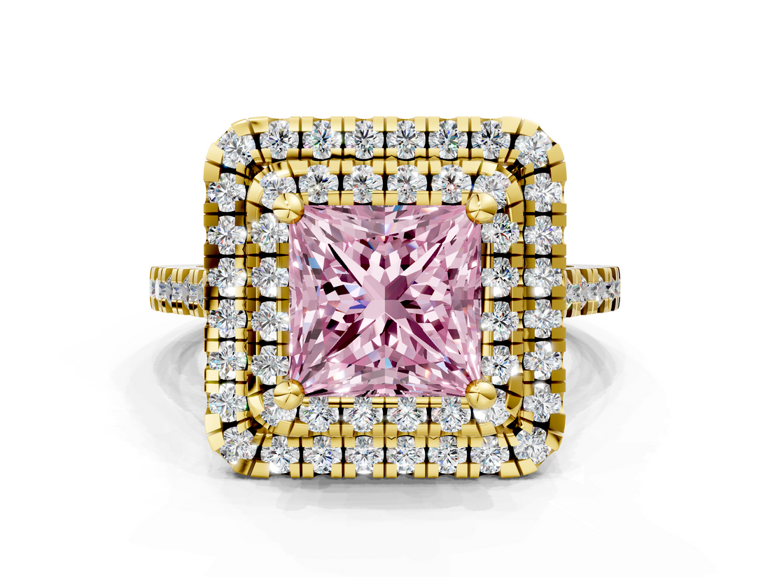 Yellow gold Double Halo Fancy Pink Princess  Diamond Pave Band with Four-Prong Setting_17