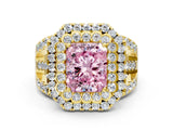 Yellow gold Double Halo Fancy Pink Radiant Cut Diamond Split Shank Pave Set Ring_3