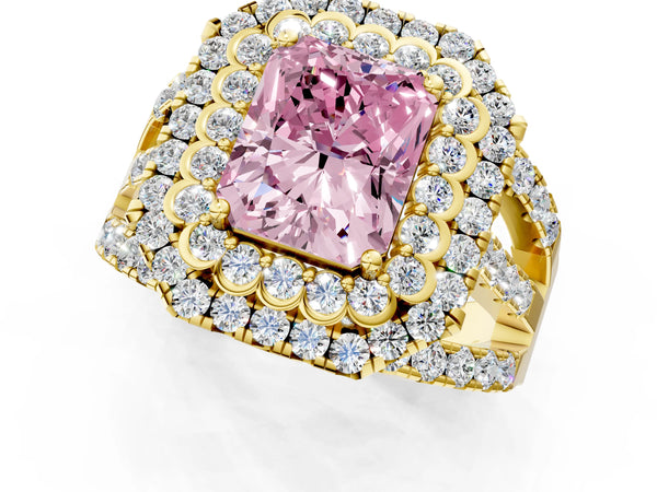 Yellow Gold Radiant Cut Scalloped Double Halo Engagement Ring Setting for Fancy Pink Center