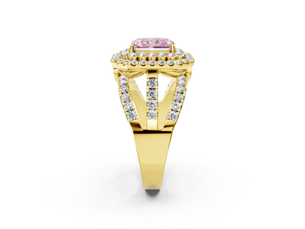 Yellow Gold Radiant Cut Scalloped Double Halo Engagement Ring Setting for Fancy Pink Center