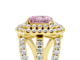 Yellow gold Double Halo Fancy Pink Radiant Cut Diamond Split Shank Pave Set Ring_8