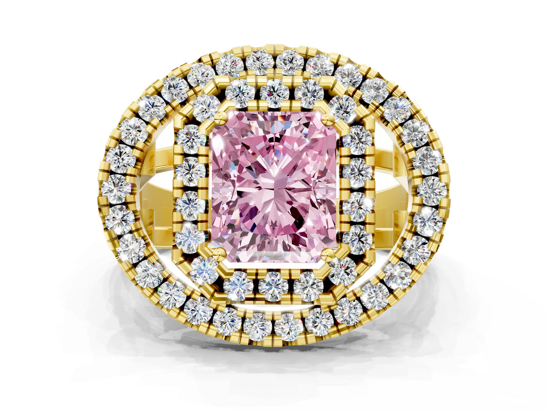 Yellow gold Double Halo Fancy Pink Radiant Cut Diamond Split Shank Prong Setting Ring