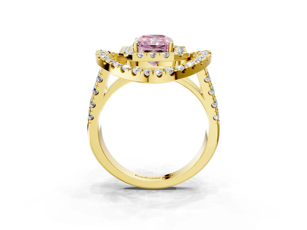 Yellow Gold Radiant Cut Halo Engagement Ring Setting for Fancy Pink Center - Design RJ-762