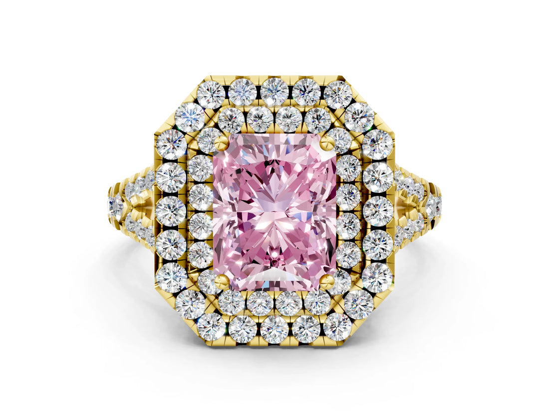 Yellow gold Double Halo Fancy Pink Radiant  Cut Pave Split Shank Prong Set Ring_15